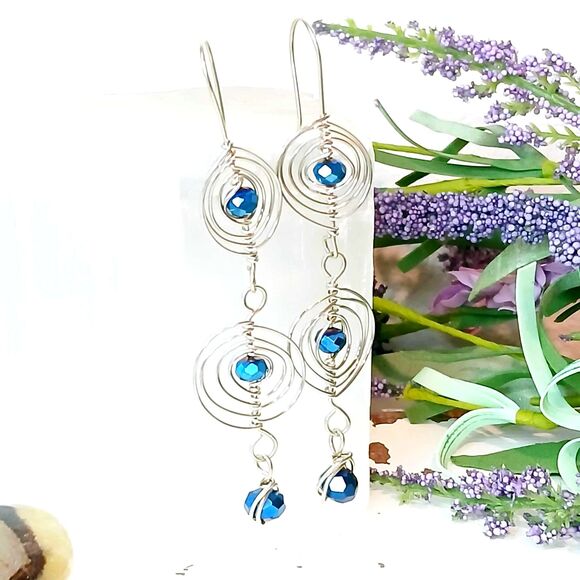 Boho Statement Cobalt Blue Dangle Earrings, Glass Beaded, Artisan 3.5" - Picture 6 of 8